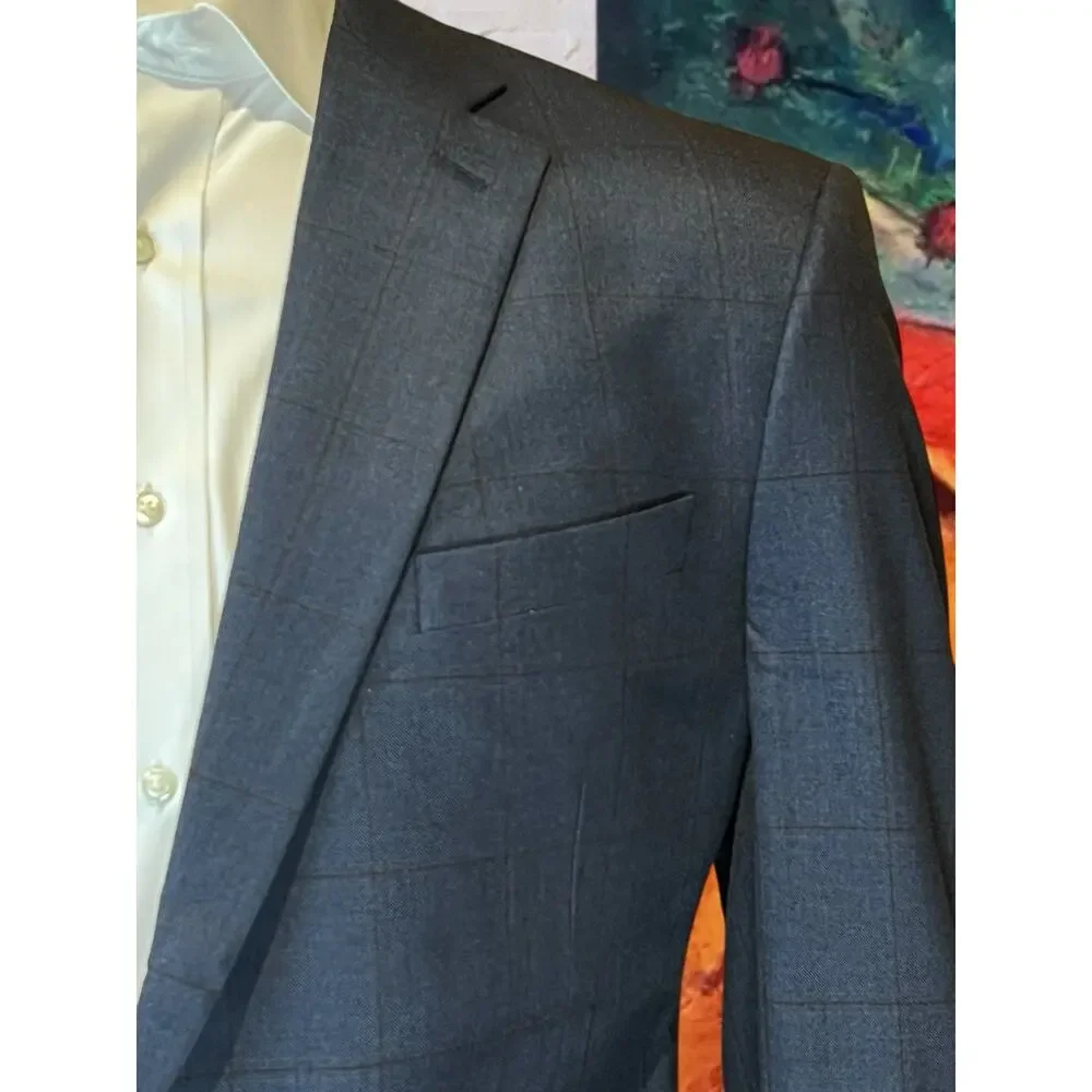 Jos A Bank Signature Collection Blazer 44L Blue Plaid Wool Sport Coat Jacket